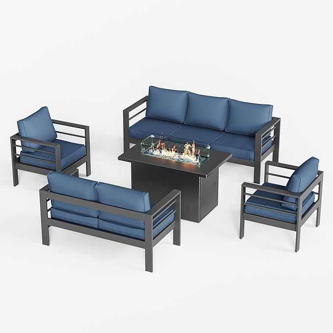 UDPATIO 6 Piece Aluminum Patio Furniture Set with Aluminum Fire Pit Table,Mordern Outdoor Furniture Set with Water-Proof Cover Included, Dark Grey/Navy