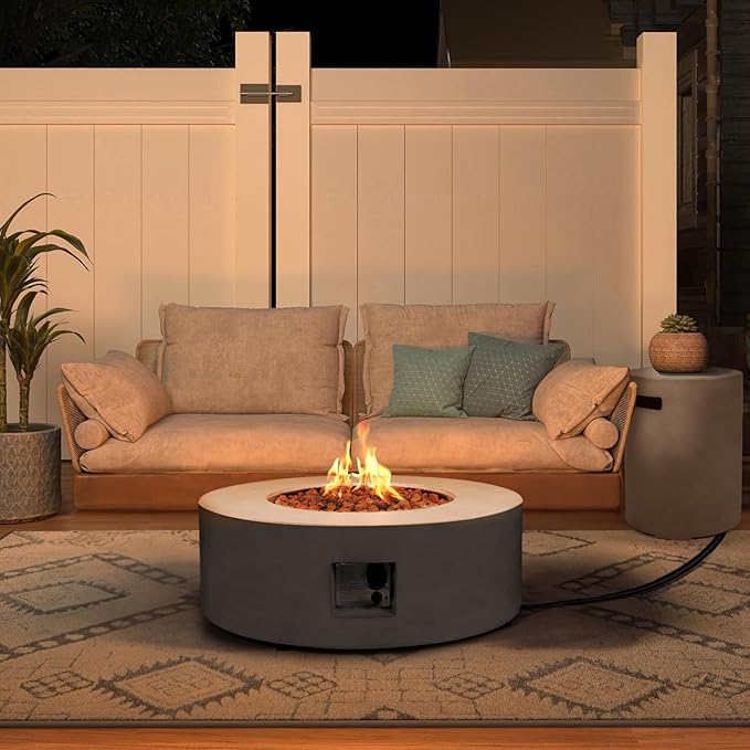 36inch Round Concrete Fire Pit Table with Propane Tank Cover 50,000 BTU Outdoor Fire Table Modern Firepit CSA Certification Natural Gas Firepits with Steel Lid, Rain Cover for Backyard, Deck