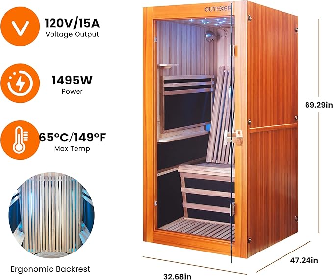 Infrared Sauna Home Traditional Sauna for Home Low EMF 1100W for 1 Person Relaxing Backboard with Control Panel, Bluetooth Speaker, Reading Lamp,Top Starry Sky (Ameican White Oak, 48"×33”×70“)