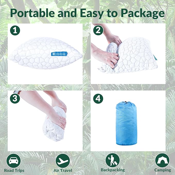 QUTOOL Small Travel Pillows for Sleeping, Cooling Memory Foam Camping Pillow, Backpacking for Hiking Gear, Portable Pillow with Travel Storage Bag, Camping Essentials for Adults Kids