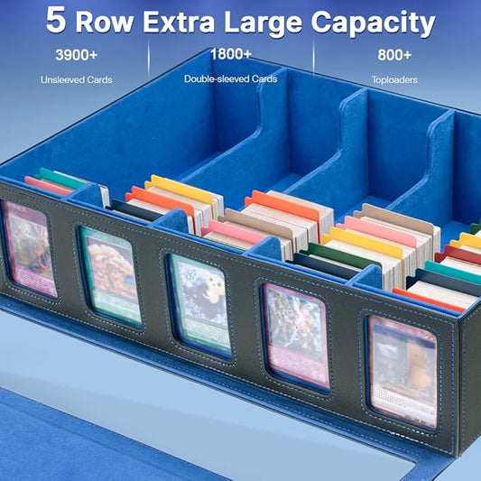 5-Row 3900+ Trading Card Storage Box for MTG, Card Deck Box with Snap-fit Design, 5 Card Sleeves, 10 Stoppers, 80 Dividers and 1 Dice Tray (Black-Blue)