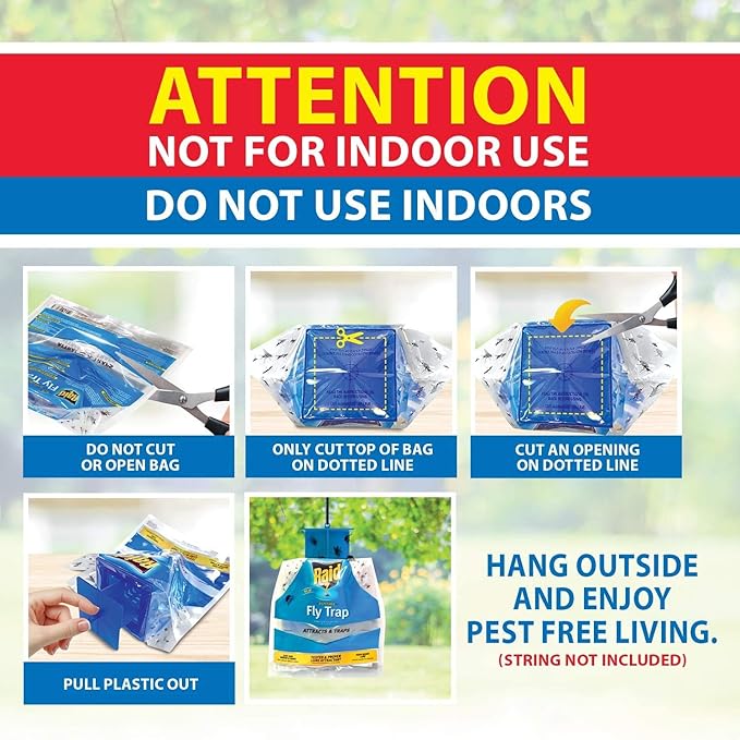 Raid Fly Trap for Outdoor Use, 6 Pack, Disposable Bag with Entry Funnel, Preloaded Lure, Water-Activated Hanging Bug Catcher for Patios, Gardens, Trash Areas, Picnics, Easy to Use & Discard