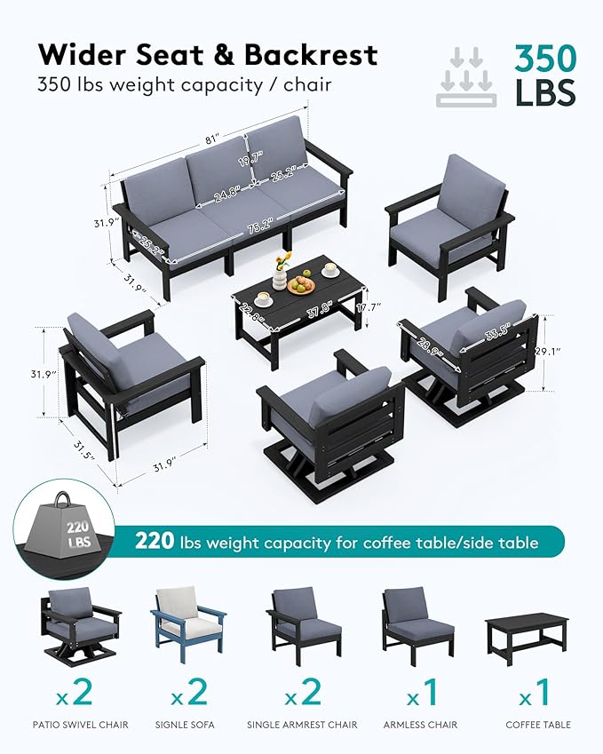 SERWALL HDPE Outdoor Patio Furniture Set, 8-Piece Outdoor Sectional Sofa with 2 Single Seat Swivel Sofas with Thick Cushions for Lawn, Deck, Black Frame with Gray Cushions