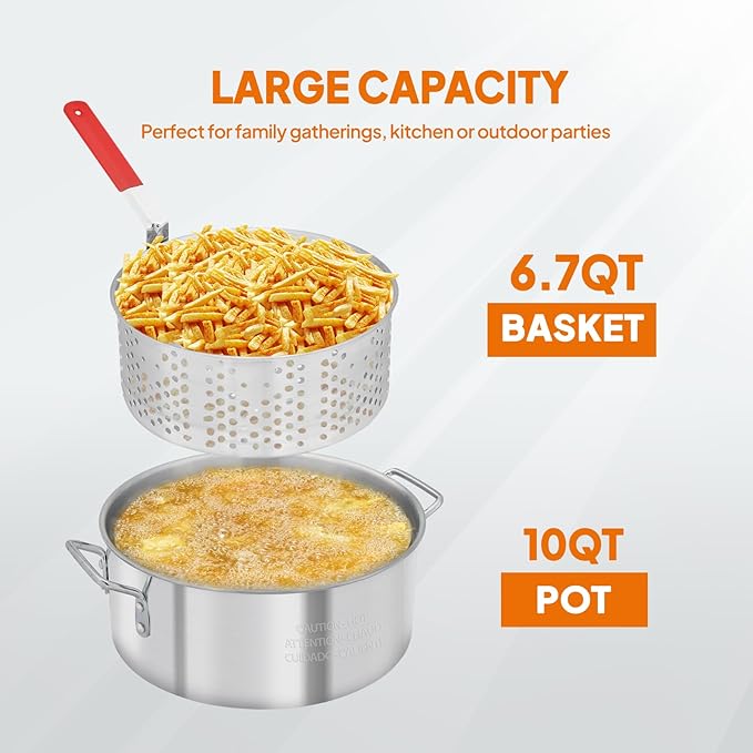 ROVSUN 10Qt Fish Fryer Pot with 55,000 BTU Propane Burner, 6.7Qt Strainer Basket, Thermometer & Lid, Aluminum Pot for Fish Chicken Wings, Seafood Frying & Outdoor Backyard Cooking