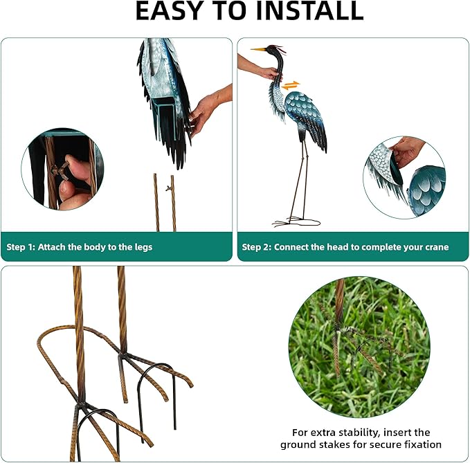 Ultym 44.8" Extra-Large Crane Decor, Handcrafted Metal Heron Lawn Sculptures with Stable U-Ground Stakes, Backyard Decoration, Metal Garden Bird Animal Yard Art, Lawn Ornament