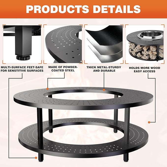 Fire Pit Surround Tabletop for Solo Stove Yukon 1.0 & 2.0, 48" Fire Pit Surround Tabletop with Wood Storage Shelf,Powder-Coated Steel Surround Tabletop with Extra Space