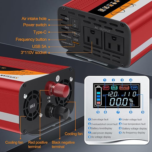 500W Pure Sine Wave Inverter, 12V/24V Auto-Detect, 50Hz/60Hz Switchable, LCD Display, Type-C Fast Charging, Silent Design, Overload & Overheat Protection for RV, Home