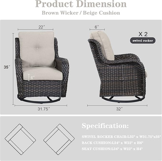 Belord Outdoor Swivel Rcoker Patio Chairs - Outdoor Swivel Patio Chairs Set of 2 Wicker Chair Patio Furniture Sets with Covered Cushion for Porch Deck Balcony Garden, Beige