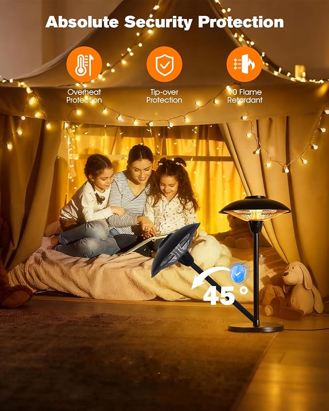 Electric Patio Heater, 1500W Infrared Tabletop Heaters for Indoor Oudoor Use, IP55 Waterproof, Tip-over & Overheating Protection, Quiet Operation, Perfect for Garden, Balcony, Garage, Backyard
