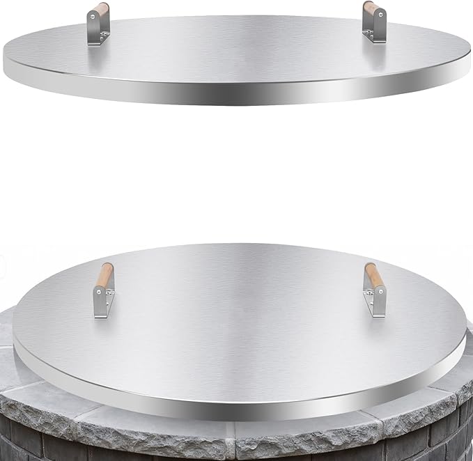 Fire Pit Lid Round - 34" Stainless Steel Rust Resistant Firepit Cover or Table with 2 Wooden Handle for Patio Fire Pit, Weatherproof for All Seasons, Fits Fire Pits Up to 32"