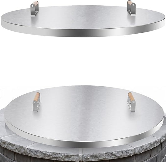 Fire Pit Lid Round - 34" Stainless Steel Rust Resistant Firepit Cover or Table with 2 Wooden Handle for Patio Fire Pit, Weatherproof for All Seasons, Fits Fire Pits Up to 32"