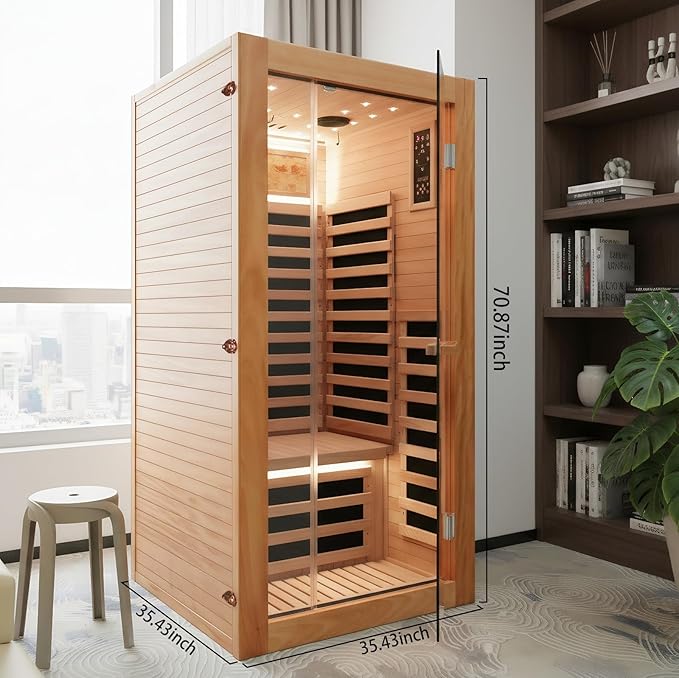 RIGO Single-Person Infrared Sauna Cabin, 1350W okoumé Wood Home Sauna Cabin 35.43×35.43×70.87 inches, Featuring a Starry Sky Light with Colour-Changing LED Strip Lighting, Indoor Personal Sauna spa.