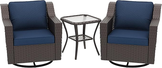 3 Pieces Patio Conversation Furniture Set - 2 Swivel Chairs, 1 Side Table, Outdoor Wicker Rocking Glider Armchairs with Washable and Water-Resistant Cushions for Balcony, (Navy Blue)