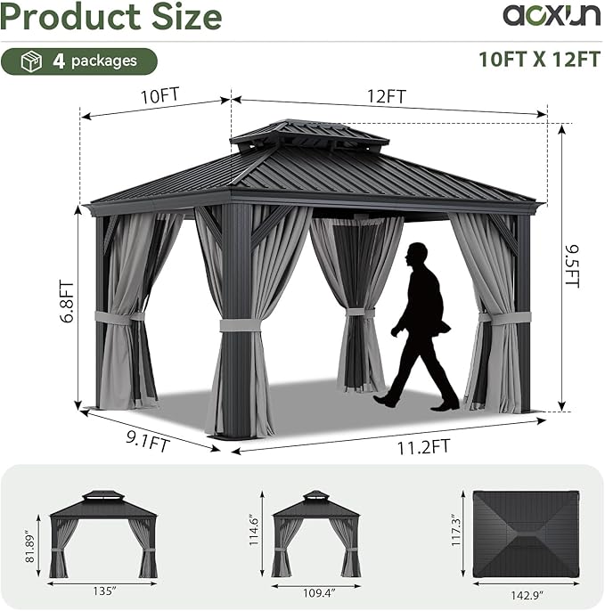 Aoxun 10' X 12' Hardtop Gazebo with Drainage System, Aluminum Outdoor Gazebo with Galvanized Steel Double Roof, Patio Permanent Metal Pavilion with Netting, for Garden, Deck, Grey