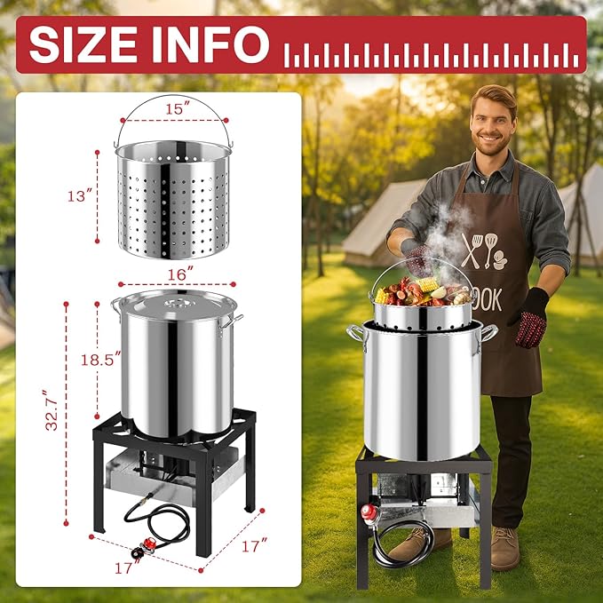 60QT Stainless Steel Crawfish Boiler | Seafood Boiling Kit | Cover & Skimmer Included | 110,000BTU Propane Jet Burner | 0-20 PSI CSA Certified Regulator | Crab Boil Pot for Outdoor Backyard Cooking