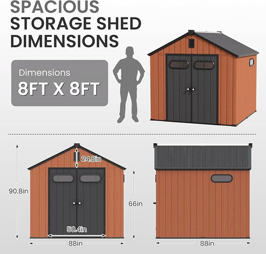 CRESTLIVE 8x8 FT Rust-Resistant Plastic Outdoor Storage Shed, Waterproof Resin Garden Shed with Floor, Doors, Skylight & Vent for Lawn Tools & Bikes