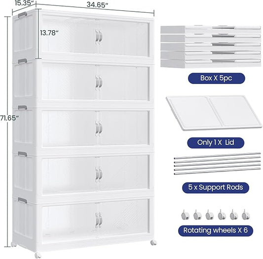 1200QT Plastic Stackable Storage Bins with Lid, 300GAL Extra Large Collapsible Box with Wheels Clear Door, Foldable Closet Organizer Container Cabinet Drawer for Home Kitchen，5Pack, White