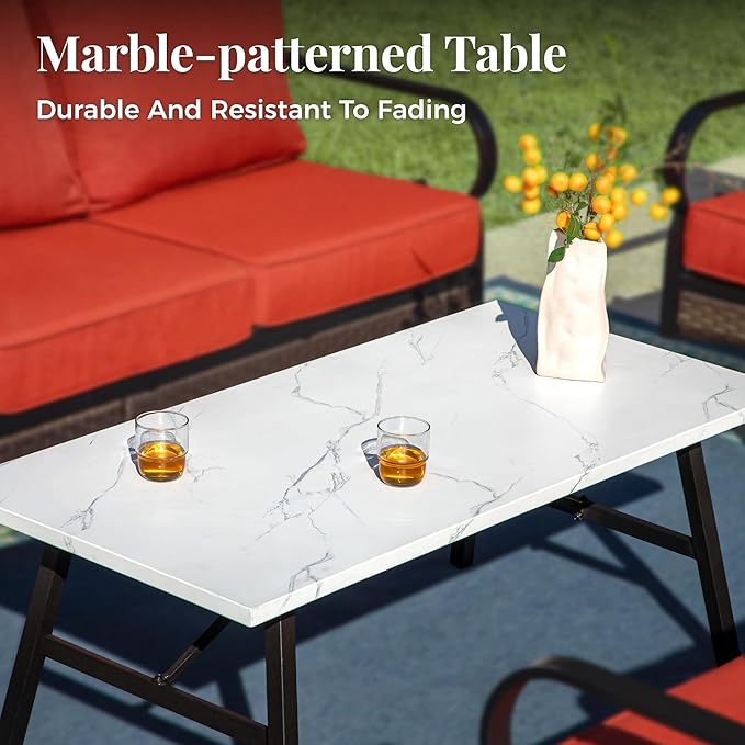 Patio Furniture Set with Coffee Table, Outdoor Conversation Set with 2 x Fixed Chairs, 2 x Rocking Chairs, 1 x 3-Seat Sofa for Lawn Garden Backyard, Red