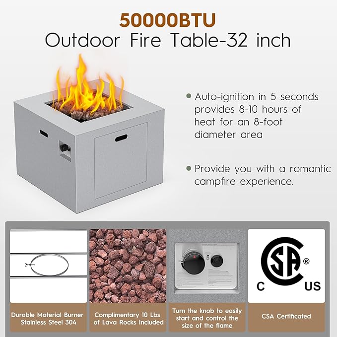 32 Inch Outdoor Fire Pit Table, 50,000 BTU Square Propane Fire Pit with Lid, Lava Rocks, Weatherproof Cover, Alloy Steel Gas Fire Pits for Outside Patio, CSA Certified, Gray