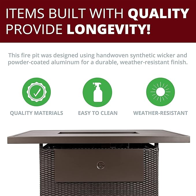 52 inch Outdoor Propane Fire Pit Table 50,000 BTU Patio Firepit Outdoor,Rectangle Fire Table with Lid, Aluminum Tabletop, Rattan Wicker, Auto-Ignition, Wind Guard (Brown)