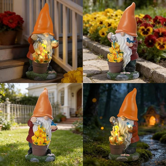 Ayadon Solar Gnome Statue Outdoor Decor,Gnome Figurines with Flower LED Light for Garden Decorations for Patio Lawn Balcony Fairy Gardens,Housewarming Gifts for Women Mom