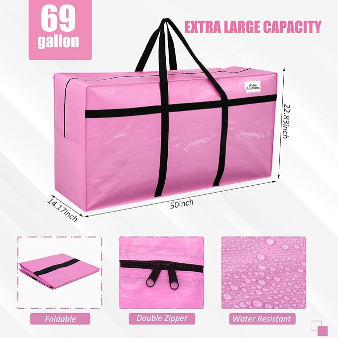 Windyun 4 Pack 69 Gallon Extra Large Storage Bags XXL Moving Bags with Zipper Handles Heavy Duty Jumbo Big Tote Box for Christmas Tree Storage 4, 5, 7.5, 9, 10, 12 ft Skeleton College Dorm(Pink)