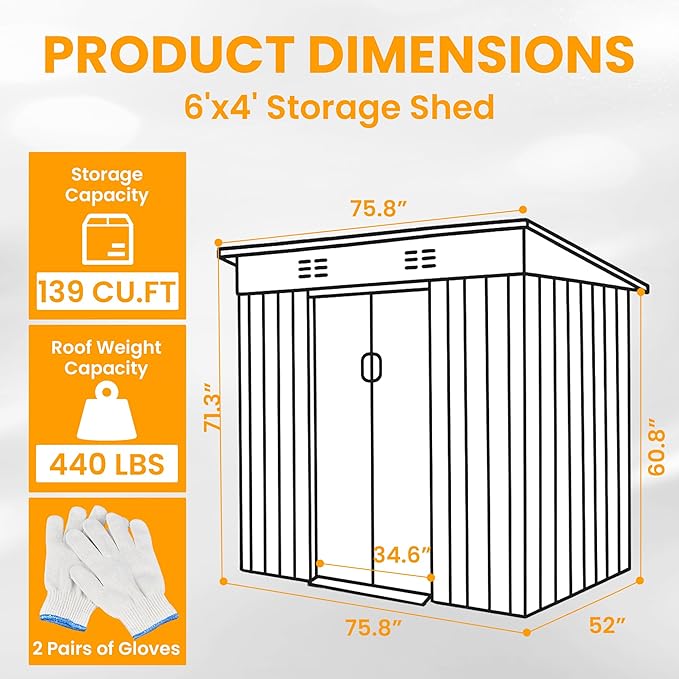 6x4 FT Outdoor Metal Storage Shed with Lockable Door, All-Weather Garden Shed with Sloping Roof & Waterproof Design, Durable Tool Shed for Backyard, Patio, Light Gray