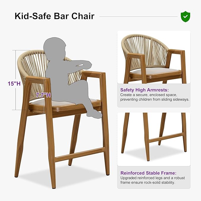 PURPLE LEAF Outdoor Counter Height Bar Stools Set of 2 Wicker Rattan Counter Stools Bar Chairs Barstool for Patio Kitchen Island Lawn Teak