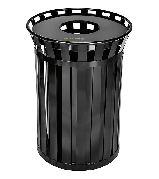 Alpine Industries 38 Gallon Commercial Outdoor Metal Trash Can, Open Top with Lid & Liner (Black)