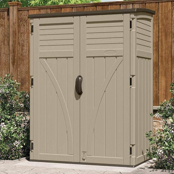 Suncast Outdoor Storage Cabinet Waterproof Resin Vertical Outdoor Storage Shed (54 cu. ft.) for Patio, Garden Tools, Cushions, & Equipment. Weatherproof Plastic Multi-Wall Design, Capacity Made in USA