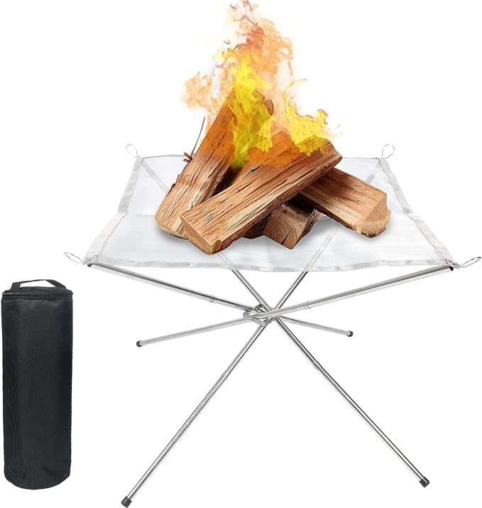 22inch Portable Fire Pit Outdoor for Camping, Folding Steel Mesh Fireplace with Carry Bag for Outdoor Hiking Camping Survival BBQ Picnic