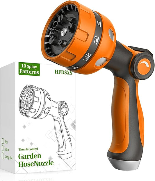 Garden Hose Nozzle, Heavy Duty Water Hose High Pressure Sprayer with 10 Watering Patterns, Thumb Control On Off Valve, for Watering outdoor Plants & Lawn, Car & Pet Washing-(Orange Red)