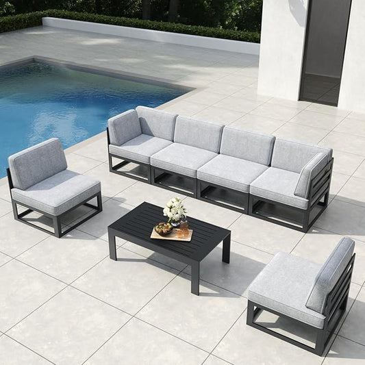 7 Pieces Aluminum Patio Furniture Set with Coffee Table, Metal Outdoor Conversation Sofa Set with Seating Cushions
