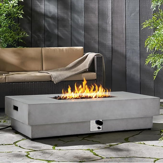 60-inch Outdoor Propane Fire Pit Table, 50,000 BTU Natural Gas Firepit Rectangule Concrete Fire Table with Steel Lid, Natural Gas Orifice, Rain Cover for Outside Patio, Deck, Backyard, Garden