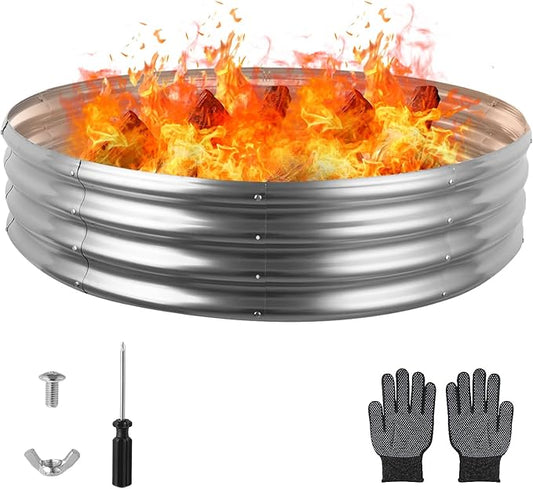 60 Inch Round Galvanized Fire Pit Ring, Silver Round Galvanized Fire Ring, 5 Feet Diameter Fire Pit, Outdoor Pits for Backyard, Camping, Bonfire