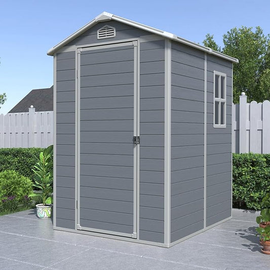 Resin Storage Shed 4x6 ft Outdoor Storage Shed with Floor and Window, Lockable Door Plastic Tool Sheds with Vents, Waterproof Sheds for Garden, Patio, Backyard, Yard, Lawn, Grey