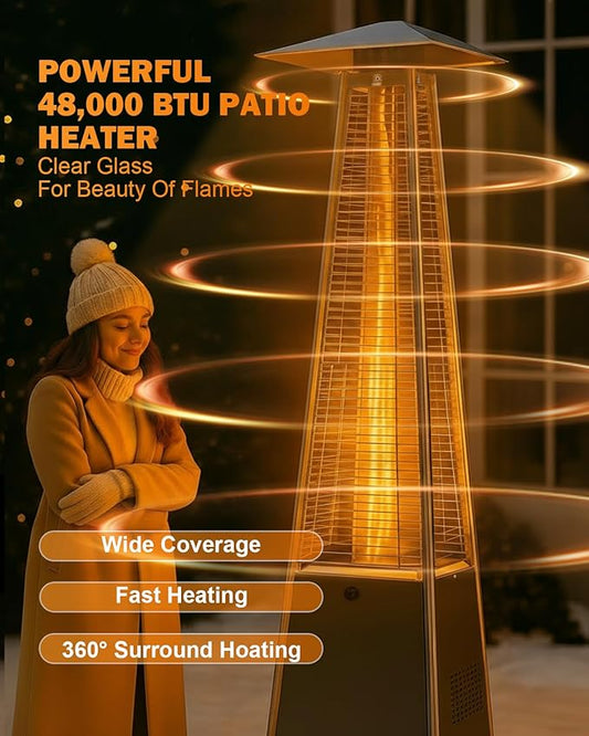 Pyramid Patio Heater, 48000 BTU Fast Heating Outdoor Heater for Large Spaces with Wheels & Weatherproof Cover, Triple Protection System for Restaurant Patios, Rooftop Bar, Event Spaces