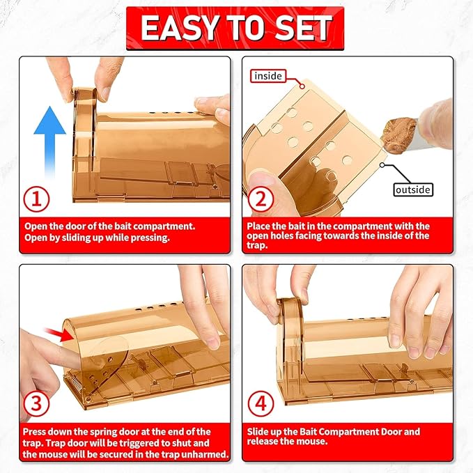 LULUCATCH Humane Mouse Traps 6 Pack, Live Mouse Traps, Catch Release Mouse Traps Indoor for Home, Reusable with Cleaning Brush, No Kill Mole Squirrel Rat Traps for House & Outdoors, Pet Safe