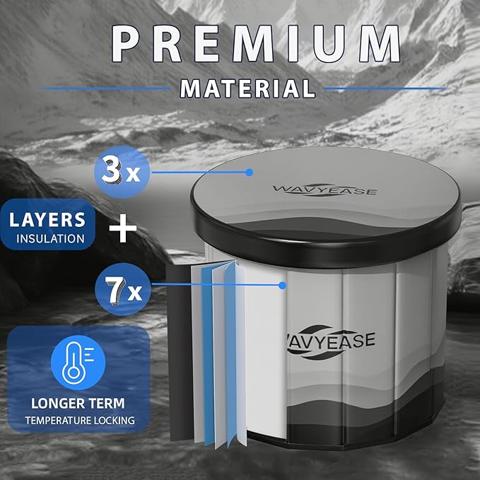 WAVYEASE Upgraded Portable Cold Plunge Tub for Athletes & Adults | 100 GAL Foldable Ice Bath with Insulative Cover | Instant Setup for Indoor & Outdoor Recovery (Grey)