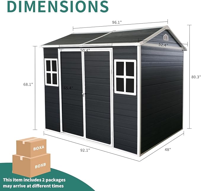 8x4 FT Outdoor Storage Shed,Waterproof Resin Garden Shed with Windows, Lockable Doors, and Sloped Roof,Tool Storage for Patio, Backyard, Lawn, Black
