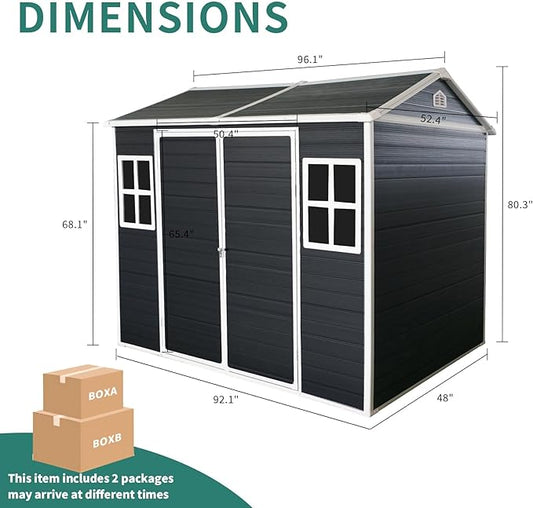 8x4 FT Outdoor Storage Shed,Waterproof Resin Garden Shed with Windows, Lockable Doors, and Sloped Roof,Tool Storage for Patio, Backyard, Lawn, Black