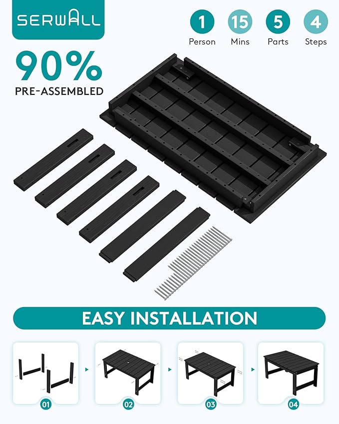 SERWALL Outdoor Coffee Table with 1.69" Umbrella Hole, HDPE Patio Coffee Table for Outside, Rectangle, Black