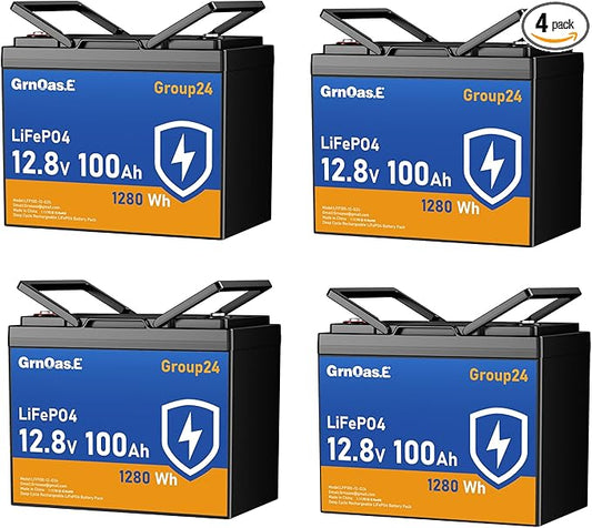 12V 100Ah LiFePO4 Lithium Battery, Group 24 Max Deep Cycle Battery with Low-Temp Cut Off Protection, Built-in 100A BMS, 1280Wh Rechargeable for Solar, Home Energy Storage, RVs, Marine Use (4 Pack)
