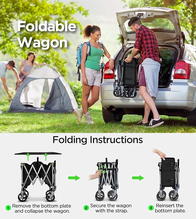 Collapsible Folding Wagon Cart with Large Wheels & 150L Capacity | Heavy-Duty Foldable Utility Wagon for Groceries, Camping, Beach, Sports & Garden Use | Compact Storage, No-Tool Setup-Black