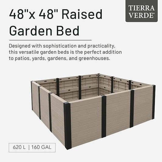 Tierra Verde 48-Inch x 48-Inch Raised Garden Bed with Tool-Free Connect System and Crafted from Recycled Materials, for Patios or Decks, Khaki