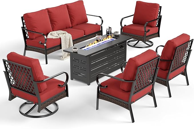 6 Piece Black Metal Outdoor Patio Furniture Sets with Firepit Table, Patio Conversation Sets 1 3-Seater Sofa, 2 Leg Sofa and 2 Swivel Sofa with 5.75" Cushion for Backyard Deck, Red
