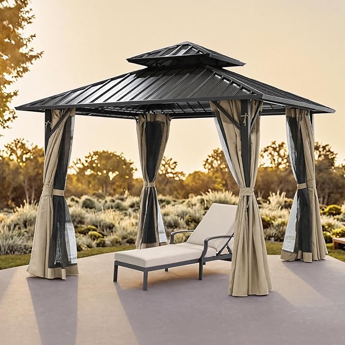 SEEHILL 12' x 12' Hardtop Gazebo, Aluminum Frame Patio Hardtop Gazebos with Netting and Curtain, Outdoor Patio Pergola, Outdoor Patio Gazebo with Double Metal Roofs for Lawns, Garden, Deck, Sandstone