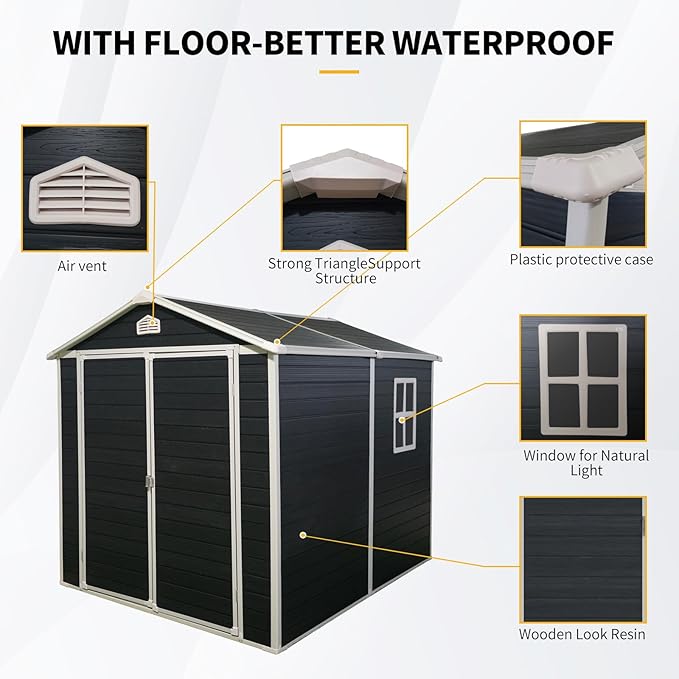 JT 6×8ft Resin Outdoor Storage Shed,Outdoor Storage Shed with Floor & Window to Store Patio Furniture, Garden Tools Bike Accessories, Beach Chairs and Lawn Mower. (Black, 6ft*8ft)