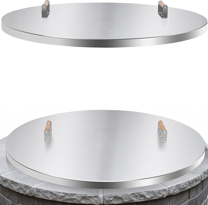 Fire Pit Lid Round - 38" Stainless Steel Rust Resistant Firepit Cover or Table with 2 Wooden Handles for Patio Fire Pit, Weatherproof for All Seasons, Fits Fire Pits Up to 36"