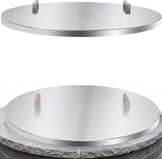 Fire Pit Lid Round - 38" Stainless Steel Rust Resistant Firepit Cover or Table with 2 Wooden Handles for Patio Fire Pit, Weatherproof for All Seasons, Fits Fire Pits Up to 36"